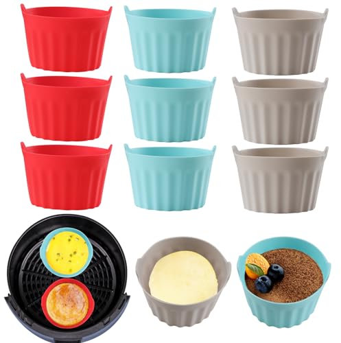 Baketron 9PCS Silicone Air Fryer Accessoires, Plat Pour Friteuse Sans Huile, Mafin Coupe, Moule Pour Gâteau Au Four, Moule à Tarte Aux Oeufs, Silicone Bakeware, Rouge + gris + bleu
