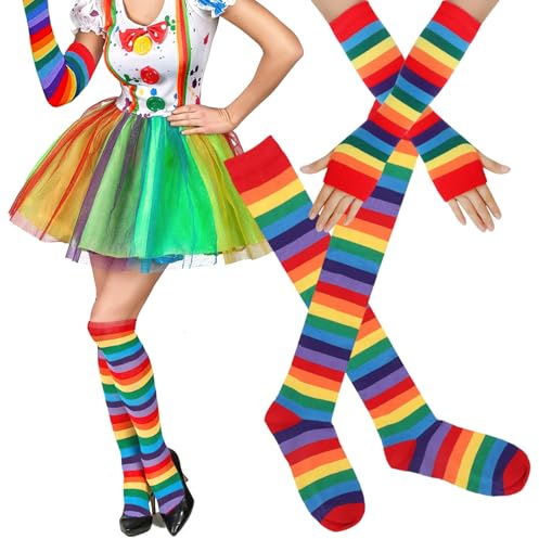 Womens Rainbow Knee High Socks Gloves Striped Arm Warmer Sleeves Fingerless Gloves Colorful Over Knee High Socks for Girls Pride Day Parade Cosplay Costume Party