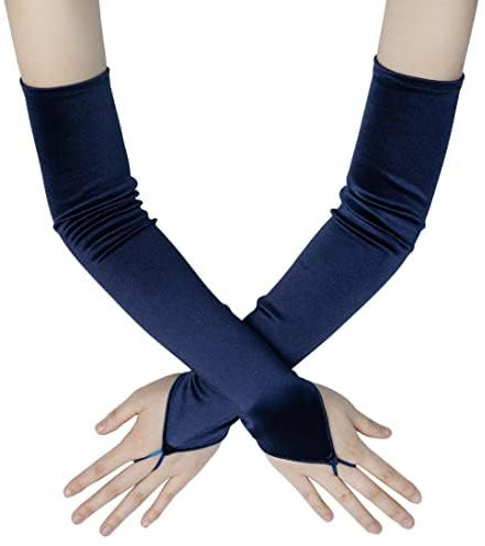 Coucoland Damen Fingerlos 20er Satin Classic Opera Fest Party Handschuhe, Audrey Hepburn 1920s Lang Elastisch (Blau)