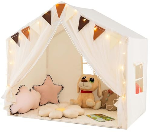 COSTWAY Tienda de Campaña Infantil, Tienda Tipi Infantil con 2 Cortinas de Tela y Malla, Luces de Estrellas, 2 Ventanas Transpirables, Almohadilla de Algodón, Casita Niños Tela para 3-4 Niños (Beige)
