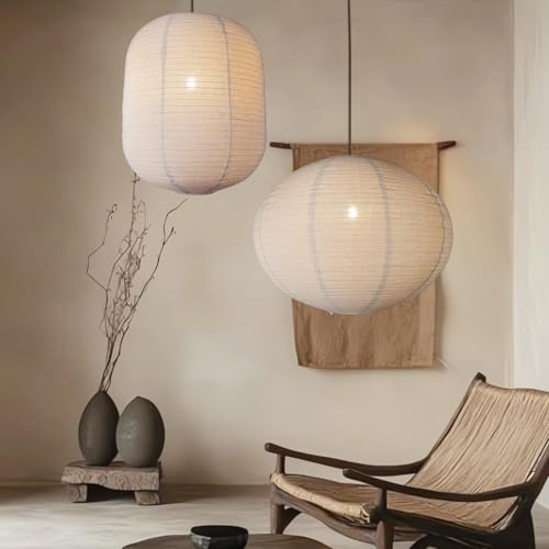 Methedeeco Lot de 2 Abat-jour Suspendus en Tissu Effet Lin, 1 Ovale 50 x 39 cm + 1 Cylindrique 34 x 42 cm, Beige, Minimaliste Boho pour Salon Chambre Salle à Manger, Décoration d'Hôtel