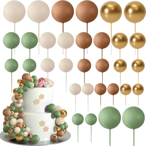 32 Pcs Ball Cake Topper Decorations, Balloons Cake Topper Sticks, 4 Sizes Foam Balls Cakes Decorations for Wedding, Party, Birthday Cakes Decorating(COLOR:Green, Brown, Gold)