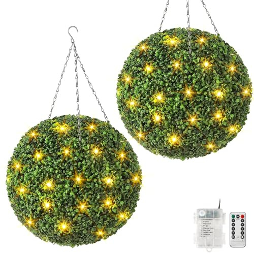 Litake 2X 50cm Kunstpflanze Buchsbaumkugel, künstliche Pflanze Buchsbaum Kugel mit 40 LED-Leuchten mit 8-Modus batteriebetrieben und Fernbedienung dekorative für Hinterhof, Balkon (50cm