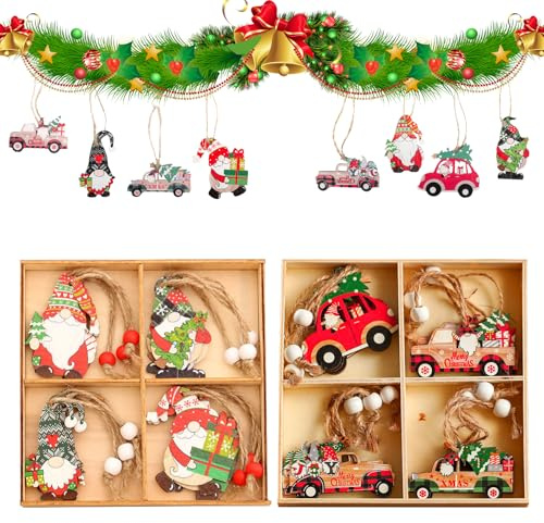 KiKiHong 24 Pz Ciondoli Natalizi in Legno Addobbi Legno Albero Natale,Gnomi Natalizi + Macchina piccola, Decorazioni per Albero di Natale
