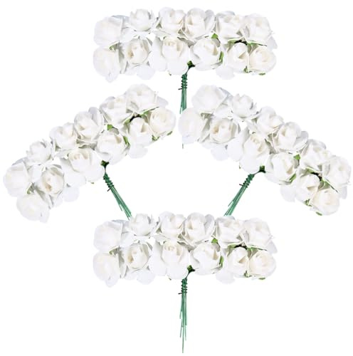 SOFPLATE 144 pieza de Rosas Artificiales de Papel Flores Blancas de Imitación En Miniatura de 1.8cm con Tallo Suave para Centros de Mesa de Bodas Despedidas de Soltera Pinzas para el Pelo Tarjetas Ado