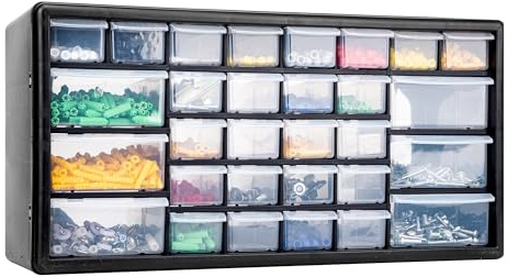 CraftGenes Screw Storage Organiser, 30 Drawers, Black Small Parts Cabinet | Plastic organiser, 30 clear drawers help find parts faster, rear support helps curb bowing, for wall or benchtop workshop use