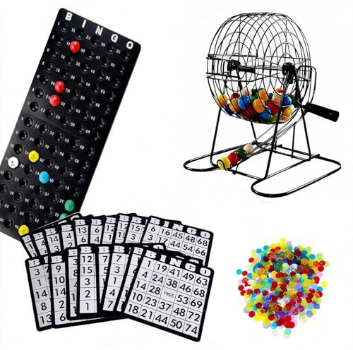 Deluxe Bingo Game Set - Metal Round Cage, 75 Colored Bingo Balls, 18 Bingo Cards, 150 Mixed Chips and Master Board for Groups, Parties-Fun Family Bingo Night