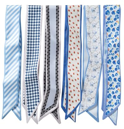 ZXZH 6 Pack Fashion Scarves for Women, Versatile Boho Head Scarf, Satin Scarf for Hair, Neck, Wrist, and Purse Accessories(Sweet Blue Print)