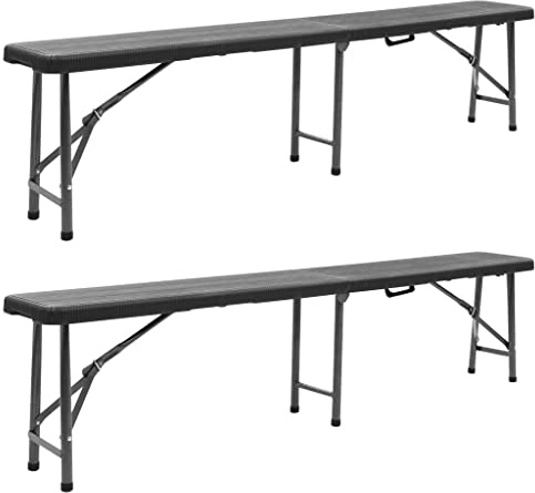 Qnhdfrt Juego de 2 bancos plegables de 180 cm, banco de jardín plegable con aspecto de ratán, banco de asiento de plástico HDPE con marco de acero pulverizado, banco de cerveza plegable para jardín