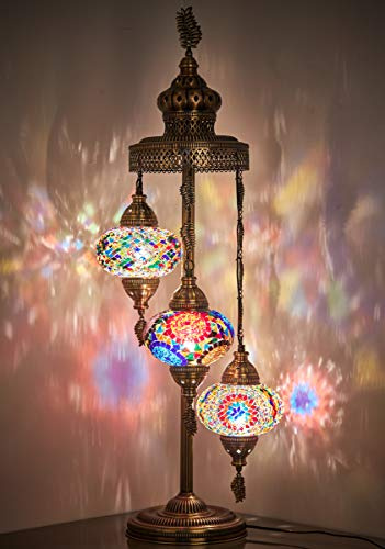 DEMMEX Turkish Moroccan Mosaic Floor & Table Lamp – Handmade Boho Tiffany-Style Light with 3 Large 7 Globes, Artisan Decor, 37 (95cm) Tall, Antique Brass Finish, North American Use (Customizable)