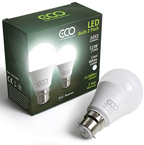 ECO 2 pin B22 Bayonet Light Bulbs, Energy Saving 11W LED, 1055 Lumens, 75W Equivalent, Frosted, Cool White Daylight (6500K), Low Heat, 15,000Hrs Lifetime. (Cool White (6500K), 2 x Pack)