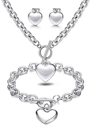LOYALLOOK 3Sets Heart Pendant Necklace Toggle Chain Heart Bracelet Heart Stud Earrings for Women Stainless Steel Charm Love Heart Jewelry Set for Halloween