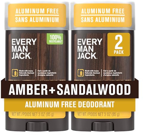 Every Man Jack Amber + Sandalwood Men’s Deodorant - Stay Fresh with Aluminum Free Deodorant For all Skin Types - Odor Crushing, Long Lasting, with Naturally Derived Ingredients - 3 oz - 2 Pack