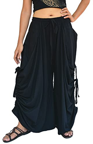 Sakoonee Women's Harem Pants Palazzo Dhoti Pants Lounge Trousers, Convertible to a Skirt 2 Pockets Cotton Black, One Size