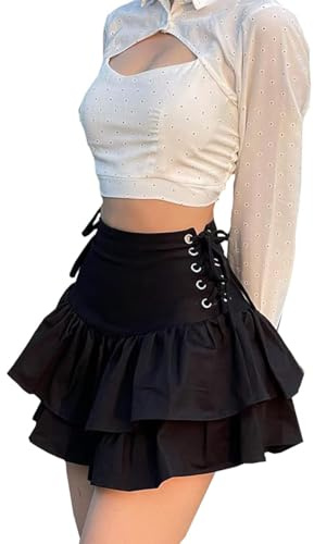 DINGJIUYAN Womens Lace Up Skirts Goth Ruffle Mini -Y2k Black High Waist -Summer Punk Short Skirt-Kawaii Clothes Cargo, Tennis, Pencil, Midi, Pleated Skirts