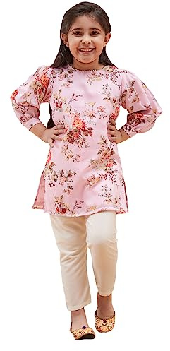 VASTRAMAY Set kurta e pantaloni dritti fatti a mano da ragazza - Tessuto di mussola, maniche a sbuffo e bordo del collo decorato, rosa, 4-5 Y