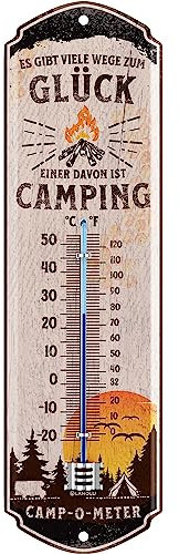 LANOLU Retro Blechschild CAMPING THERMOTER - Camper Geschenke für Wohnmobilfahrer lustige Wohnwagen Deko vintage Garten Deko Zeltplatz 8x28cm