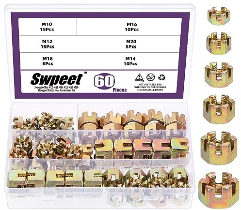 Swpeet 60Pcs 6 Sizes Black Grade 4.8 Carbon Steel M10 M12 M14 M16 M18 Hexagon Slotted Nuts Assortment Kit, Hex Castle Nuts Hex Nuts for Moto Car Furniture Fasteners Repair