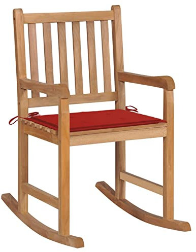 CIADAZ Schaukelstuhl mit Rotem Kissen, Sessel Wohnzimmer, Schaukelsessel, Stillsessel, Schwingsessel, Tv Sessel, Ohrensessel, Relaxsessel, Rocking Chair, Massivholz Teak
