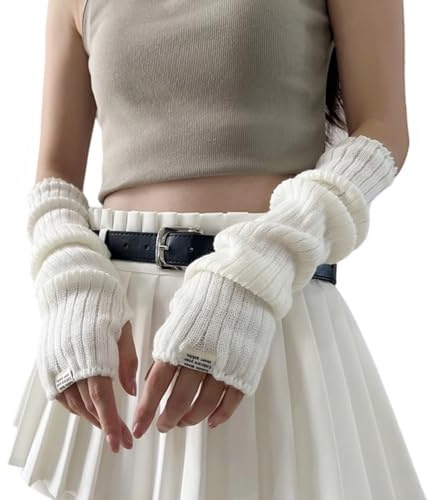 Lacknick Arm Warmers for Long Sleeve Fingerless Y2K Cool Girls Warm Black White Gothic Skateboard Punk Hip Hop Knitted (White)
