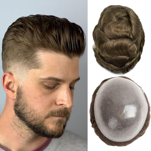 Ehairc Toupet pour hommes 0.04-0.06mm Peau fine Double nœuds Toupet Hommes Durable 100% Système de cheveux humains pour hommes Perruque Taille de base 8x10 pouces 120% Densité(6#)