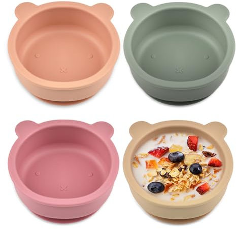 GOEDCH Silikon Kind Schüsseln mit Saugnapf: 4 Stück Rutschfest Breischale Kind Set, Tragbare Bärenschale aus Silikon für Kinder, Weich Sicher BPA-frei, Spülmaschinenfest, Orange, Grün, Rot, Braun