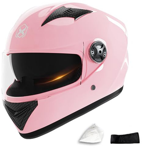SMTSEC Motorradhelm für Damen und Herren - Retro Klapphelm Mit Anti-Fog Sonnenblende, DOT/ECE-Zertifiziert, Full Face Downhill Schutzhelm für Cruiser Chopper, Pink-54~62CM