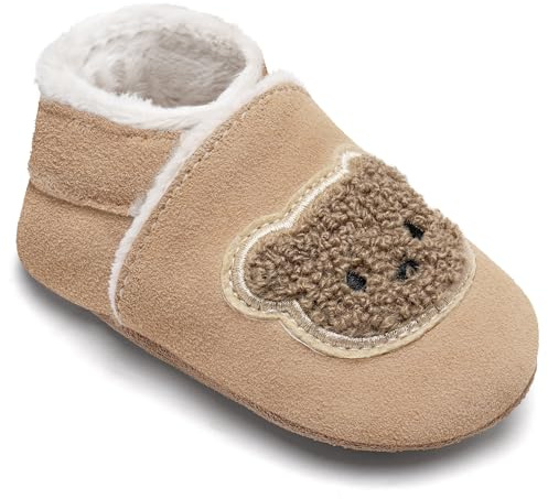IceUnicorn Chausson Cuir Bébé Hiver Chausson Bebe Fourré Peluche Chaude Chausson Cuir Souple Bébé Fille Garçon Pantoufles Bebe(Ours Kaki, 12-18 mois)