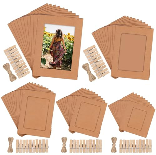 Tanstic 50Pcs 5 Sizes Brown Paper Photo Frames Cardboard Photo Frame Hanging Photo Display Frame with Wooden Clips and String for Home Office Party Decor