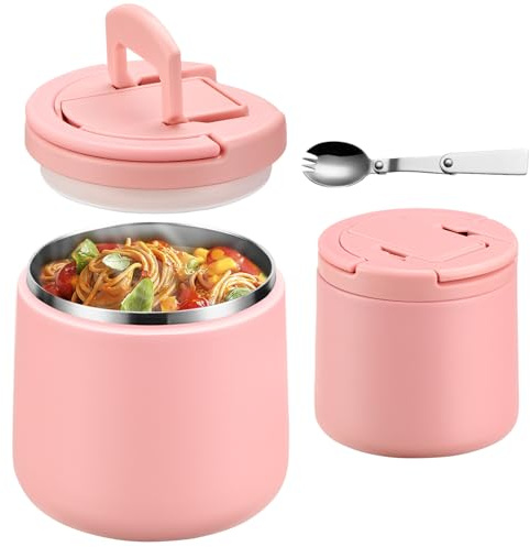 Itslife Termo para Comida 600ml, Recipiente Térmico para Comida con Cuchara, Acero Inoxidable Fiambrera Termica Infantil y Adultos, Contenedor Térmico para Picnic, Escuela y Oficina, Rosa
