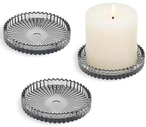 HofferRuffer Confezione da 3 piatti in vetro da 10 cm, portacandele rotondi per candele a pilastro, portacandele tealight, grigio