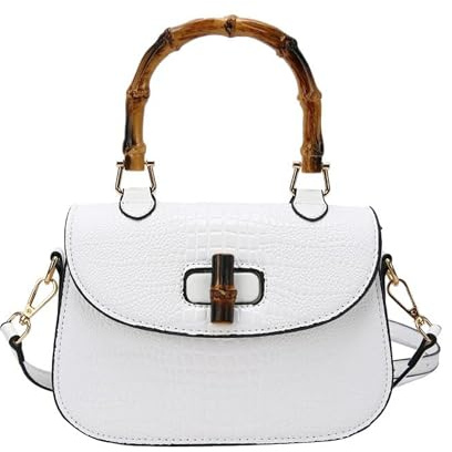 DAWANGSOLI Women Handbag artificial leather Bamboo Top handle Crossbody bag Elegant Purse Evening bag Gift for Women Handmade (WHITE)