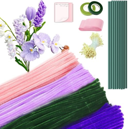 400 Piezas Limpiapipas Manualidades, Limpiapipas Flores 4 Colores, Limpia Pipas para Manualidades, Ramo Alambre Chenillas, con Tallos y Cinta, para Regalos Artesanales y Decoración (Púrpura)
