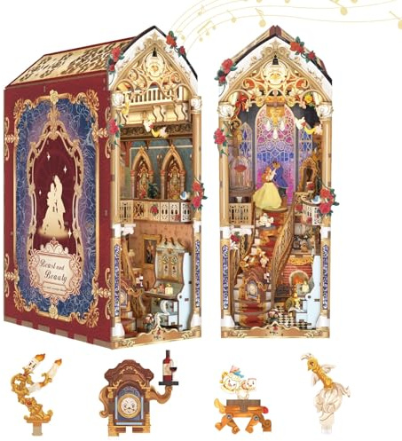 Tonecheer Book Nook Kit fai da te per adulti, puzzle 3D in legno, fermalibri in miniatura, decorazione per libreria, con copertura antipolvere e luci a LED, idea regalo (bestia e bellezza)