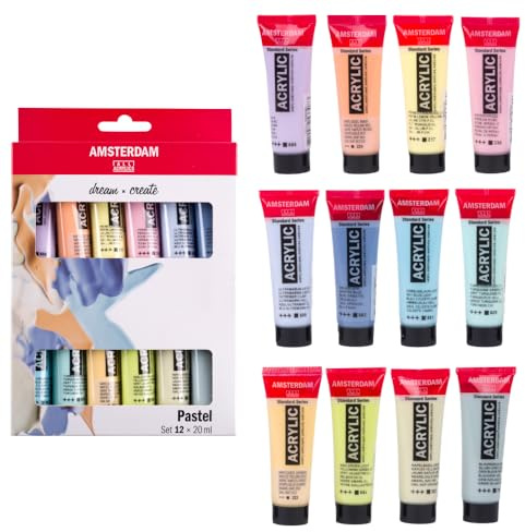 Amsterdam Acrylfarbenset 12 x 20ml Sanfte Pastelltöne – Hohe Farbkraft, Gleichmäßige Viskosität, Umweltfreundliche Verpackung – Für Künstler, Hobbyisten, Studenten