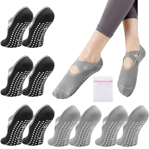 VEGCOO 5 Pares Calcetines Yoga Pilates Para Mujer, Cómodos Calcetines Tobillero Antideslizantes, Calcetín para Yoga, Fitness, Ballet, Pilates, EU 35-38