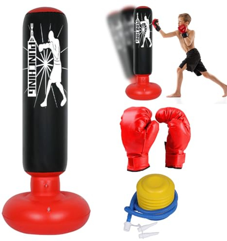 Sac de frappe de karaté, pour enfants de 3 à 12 ans, 160 cm, sur pied, gonflable, avec gants de boxe, pompe à air, cadeaux pour garçons et filles, entraînement au karaté, taekwondo, MMA (sac de frappe