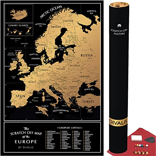 Stort skrapkort Europa 60 x 40 cm – Skrapbar Europakarta för att skrapa fram – Resekarta Europa affisch – Karta för avskrapning med tillbehör – Scratch off Travel Map Europe