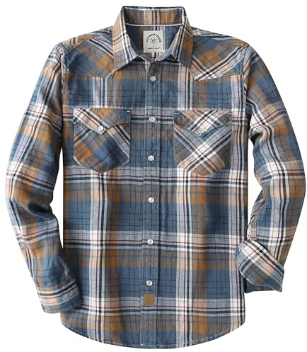 Dubinik® 6 oz Camisa de Franela para Hombre - Botones a Presión Estilo Vaquero Western Vintage Casual de Larga Duración Azul Marino Naranja Quemado XL