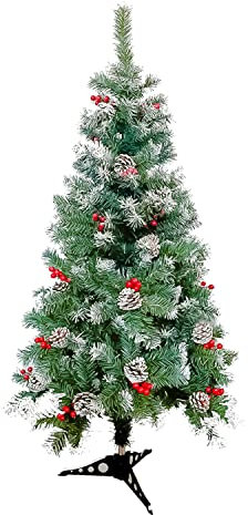 TIENDA EURASIA - Arbol de Navidad Nevado con Adornos de Muerdago y Piñas, Decoracion Navideña Original con Arbol de Navidad Verde con Nieve, Muerdago y Piñas, Arbol de Plastico (120 cm)