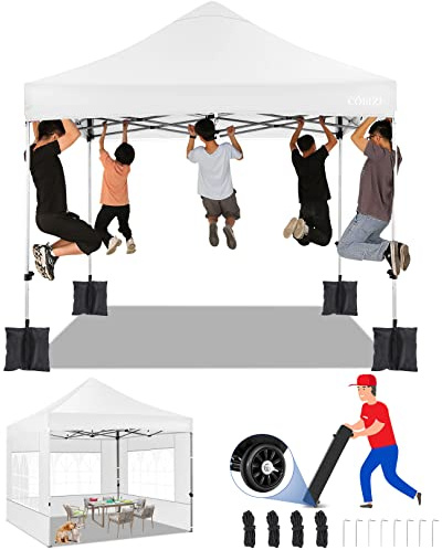 COBIZI Gazebo 3x3m Pieghevole Impermeabile con 4 Pareti, Gazebo da Giardino Anti-UV 50+ Esterno Resistente Tenda Chiuso per Mercato, Feste, Tendone con Borsa a Ruote, Bianco (Meglio Antivento)