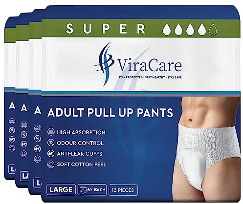 48 x Super Incontinence Pants Women and Men, Adult Nappies | High Absorption, Anti-Leakage, Soft-Stretch Waistband, Breathable, Discreet Fit, Adult Diapers, Large Size (4 Packs of 12)