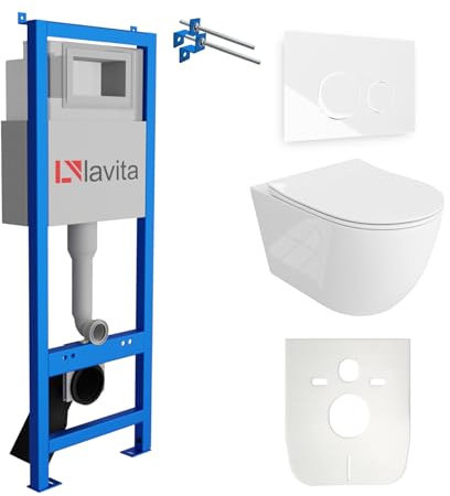 Lavita LAV 101 - Elemento da parete per WC da 40 cm + parete sospeso per WC sinto grande bianco senza bordi + pannello di controllo LAV 200.4.1 bianco, set completo | cassetta di risciacquo da incasso