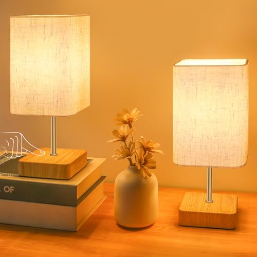 Jayencer Touch Control Table Lamp, Dimmable Nightstand Lamp, Bedside Touch Lamp with Wood-Grain Base & Beige Fabric Shade for Bedroom, Living Room, Children's Room, Bulb Included, 2Pack