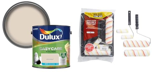 Dulux Easycare Kitchen Matt Emulsion Paint For Walls And Ceilings - Natural Hessian 2.5 Litres & Fit For The Job 7 piece Emulsion Paint Roller Set, 2x 9 inch & 2x Mini Paint Rollers, Frames & Paint