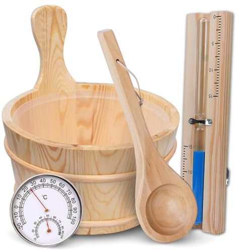 Seau de sauna (4 litres), seau de sauna avec truelle, seau de sauna en bois avec louche, sablier, sablier, thermique, hygromètre, seau de sauna résistant à la chaleur 4 l avec insert
