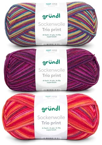 Gründl laine à chaussettes Trio - fil à tricoter pour 3 paires de chaussettes - résistant et agréable à porter - 75% laine,25% polyamide - 3 pelotes 100g/420 m - taille d’aiguille 2,5-3 - rouge vert