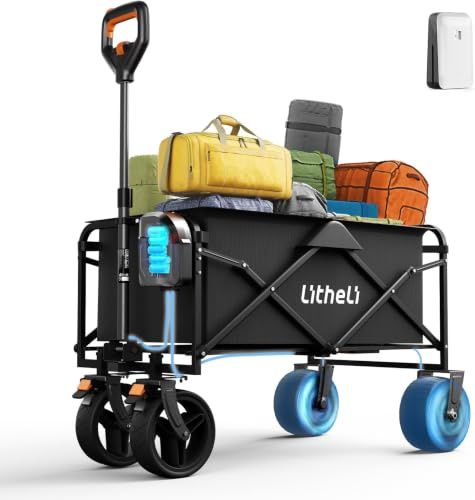 LiTHELi Carrello elettrico pieghevole, carretto a mano pieghevole con motore e freni, 100L 50KG adatto per campeggio, giardino, spiaggia, shopping (nero, W1 Go con 1 batteria)
