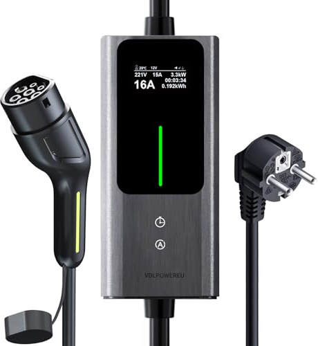 VDLPOWEREU EV Ladekabel Typ 2 | 3,6KW | 5M | 6A-16A Ladekabel Elektroauto, LED-Anzeige Tragbare EV Ladegerät, Typ 2 EV Charger für Elektrofahrzeuge mit Einphasigem EU-Schuko, IP65 (Norm IEC 62196-2)