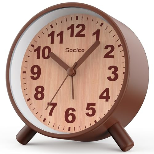 SOCICO Despertador Analógico, Reloj de Cabecera Redondo Retro de Metal – a Pilas con Luz Nocturna y Función Snooze, para Oficina, Dormitorio, Viaje, Regalo para Niños y Adultos (Marrón)